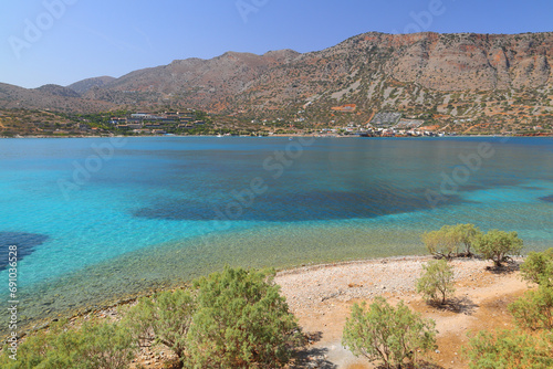 View of Plaka from Spinalonga Island, Crete, Greece. Europe.