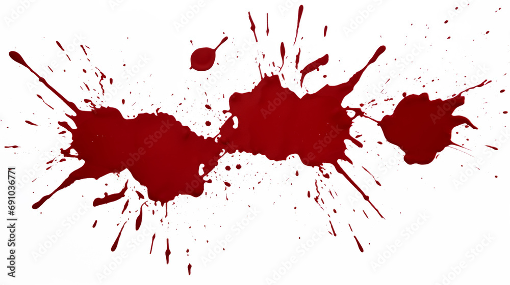 Blood Splatter and drops. Red liquid splash on white background. Bloody love.