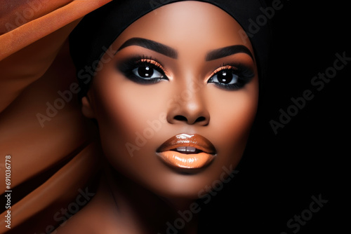 Beautiful black woman with elegant makeup and peach lips.