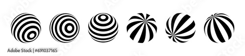 Optical illusion of the globe pack. 3D wave stripe spheres. Isolated vector illustration on white background.