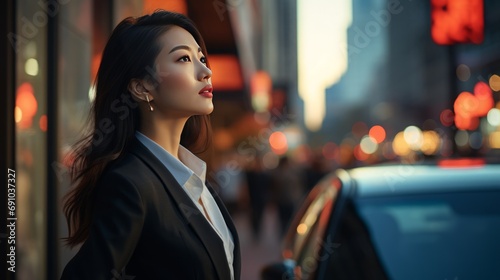 Asian business woman looking sideways while waiting for a cab in the morning, 16:9 photo
