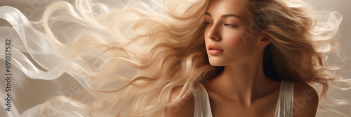 beauty portrait of a young woman with developing blond hair on a light background close-up, Banner. content for beauty salons and bloggers. space for text photo