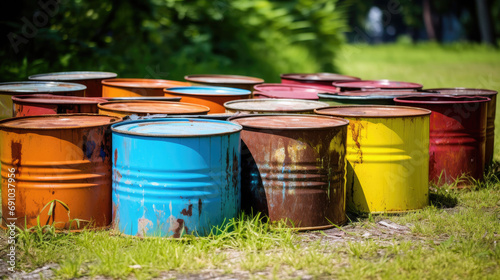Colorful used old oil drums on the grass, Generative AI
