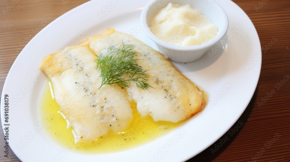 Lutefisk - Traditional Norwegian dish of dried fish rehydrated, on a white plate with melted butter