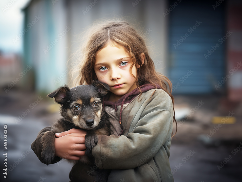 Expressive portrait of a little girl holding a stray puppy with unhappy eyes. Animal Protection Day. Expressive portrait of a little girl holding a stray puppy with unhappy eyes. Animal Protection Day.