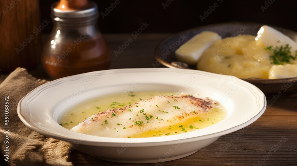 Lutefisk - Traditional Norwegian dish of dried fish rehydrated, on a white plate with melted butter Lutefisk - Traditional Norwegian dish of dried fish rehydrated, on a white plate with melted butter