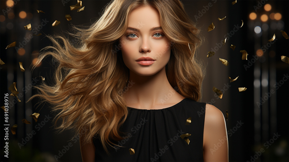 young woman in a black evening dress with beautiful flowing hair on a dark background with gold sparkles.beauty and fashion content young woman in a black evening dress with beautiful flowing hair on a dark background with gold sparkles.beauty and fashion content