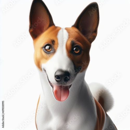 Cute Basenji dog with looking at camera and tongue out, wearing a red collar.