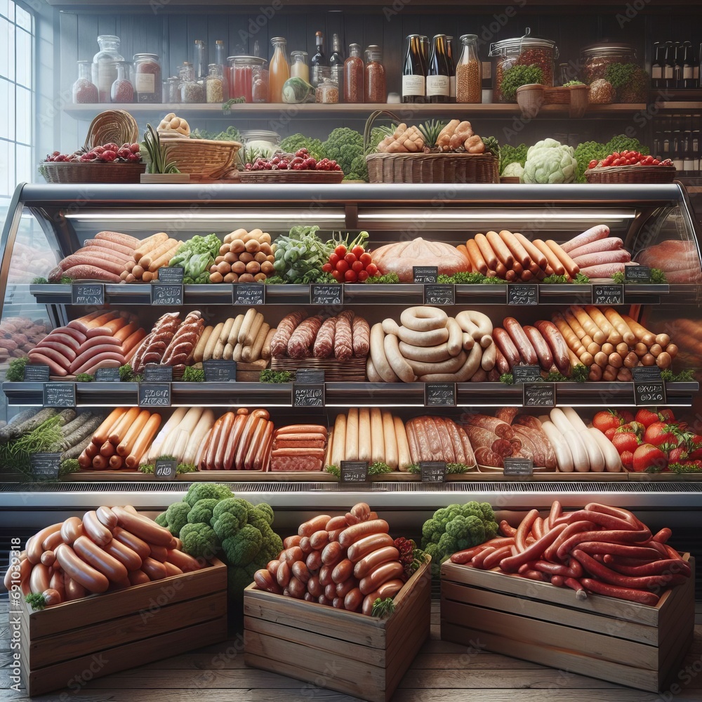 A variety of meats and sausages are displayed at a store counter, with vegetables and condiments on the shelves behind.
