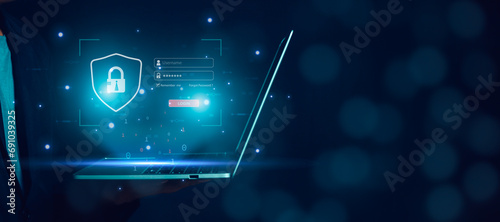 Cyber security and password login concept, Hands uses computer and entering username and password of data network, log in with laptop to digital information system, Online data protection concept photo