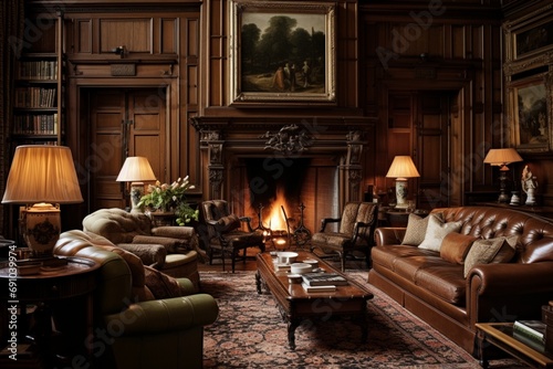 A traditional drawing room with rich wood paneling  a fireplace  and classic portraits.