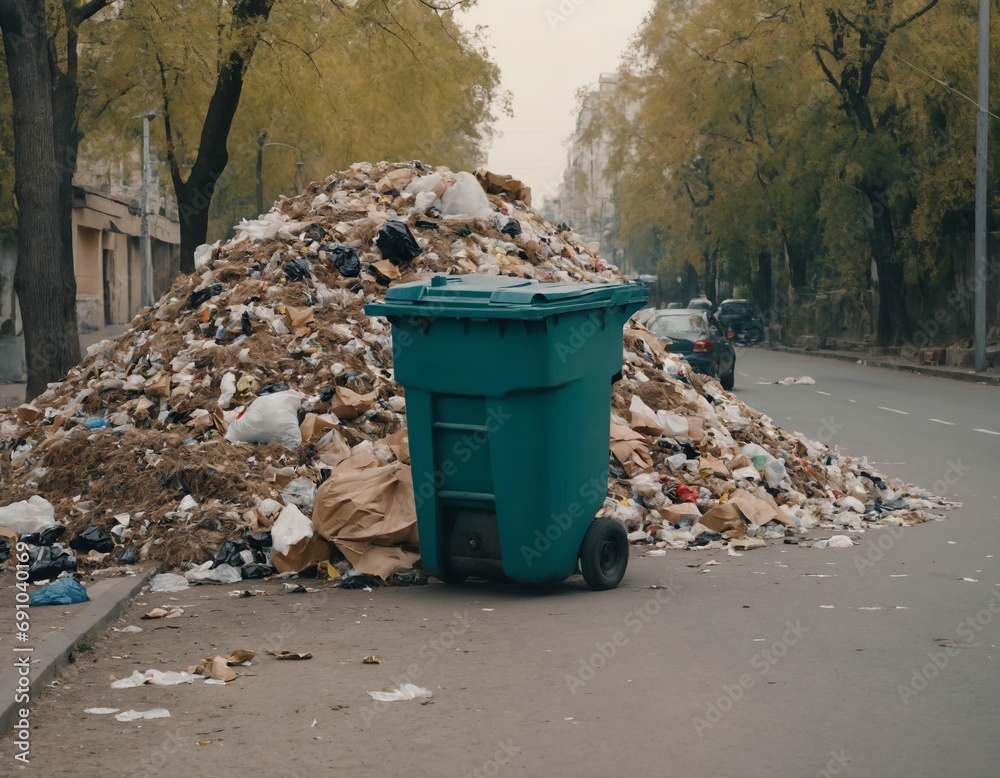 Urban street scene with a large pile of discarded waste and a green garbage bin, highlighting environmental pollution issues. Urban street scene with a large pile of discarded waste and a green garbage bin, highlighting environmental pollution issues.