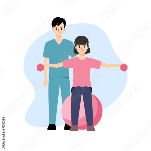 Physical therapy rehabilitation vector illustration set. Cartoon flat design. Physical therapist working on patient.
