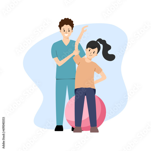 Physical therapy rehabilitation vector illustration set. Cartoon flat design. Physical therapist working on patient.