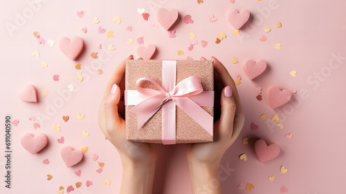 Pink gift box with pink ribbon and paper hearts in the woman hands, Greeting card for Happy Womens Day, Mother's day, Easter, Valentine day, Birthday. Springtime composition with copy space.  © Anastasiia