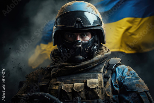 Ukrainian soldier on the background of the Ukrainian flag, concept of war, conflict