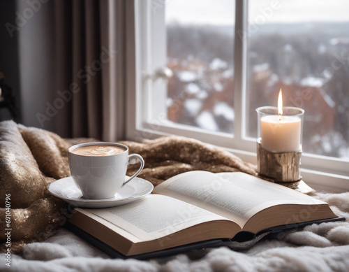 Winter Bliss: Cozy Scene with Coffee and Book by the Window
