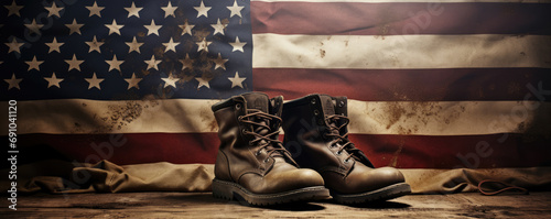 Army combat boots against the background of the American flag photo