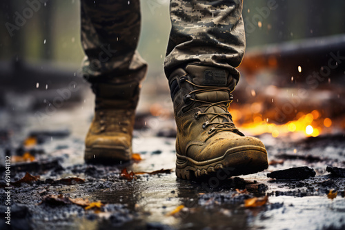 Soldier legs in military camouflage in army boots © Michael