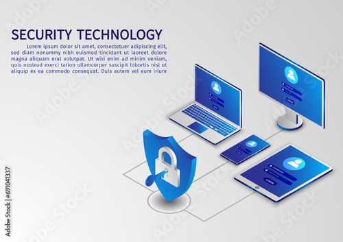 Isometric network security information transfer background. Data security modern concept. A transparent shield of the computer, phone, and laptop from virus attacks and hackers. vector illustration.