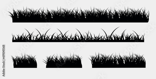 Vector 5 Set of Black Grass Silhouettes on White Background.