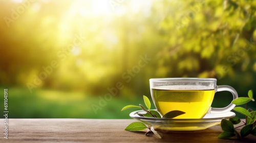 cup of a green tea on wooden table