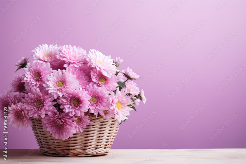 Wicker basket with asters flowers. Place for text