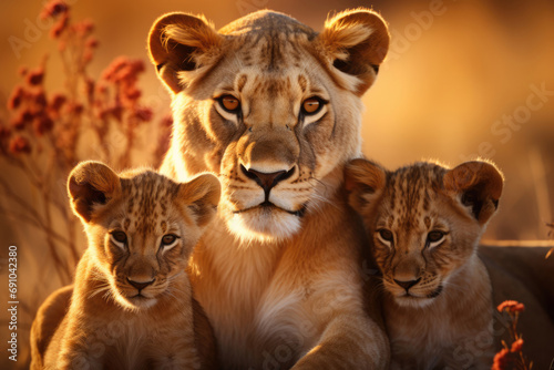 Lioness mother with young cubs in habitat