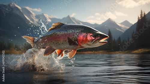 rainbow trout jumping out of water at prey over a large lake