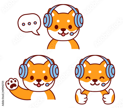 Cute cartoon dog character in headset illustration set. Customer support help desk or live stream chat.