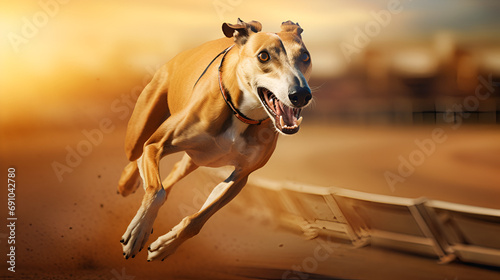 greyhound sprinting around a racetrack