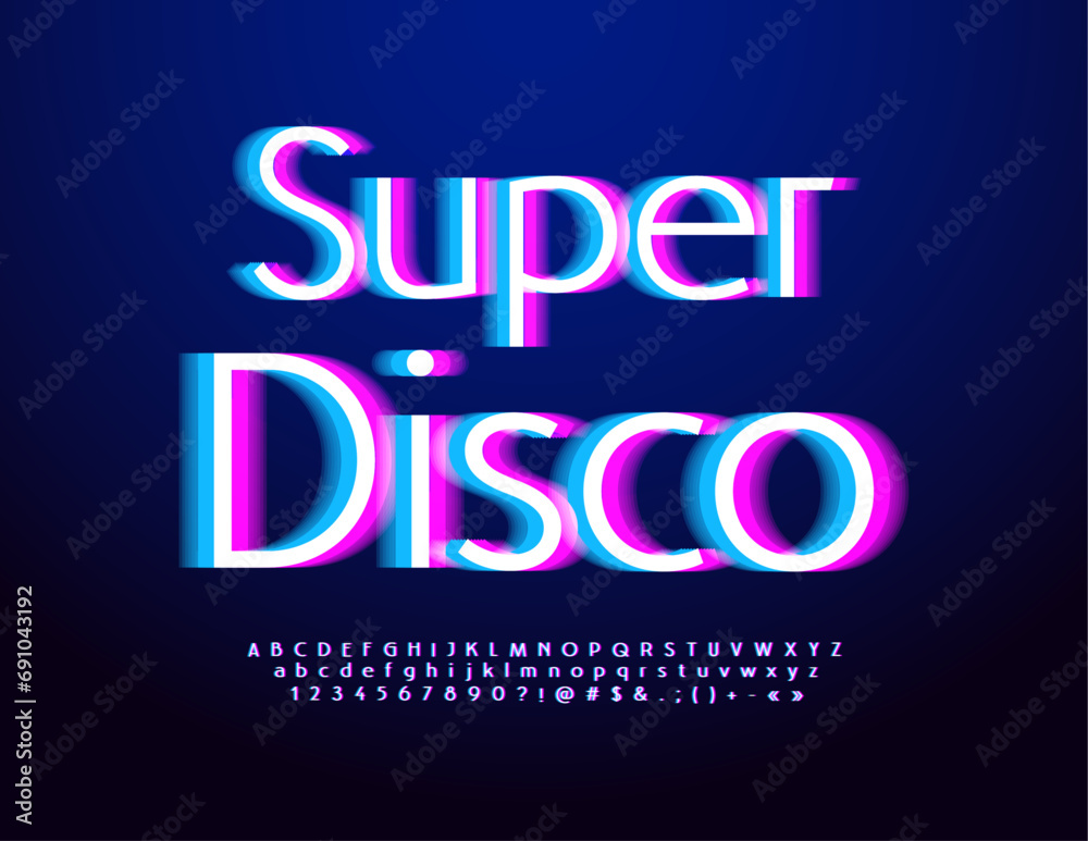 Vector modern advertisement Super Disco. Techno neon Font. Digital Alphabet Letters and Numbers set.