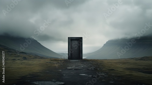 A lone door standing ajar on top of a giant mountain in a storm. Vast, empty, minimalistic, striking, simple, clean, ominous 