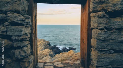 A small, wooden door with a view of the ocean, in the style of rough edges, webcam photography, light navy and black, hikecore, happenings, stone, careful framing  photo
