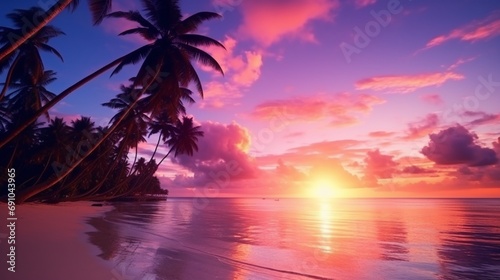 Tranquil Beach Sunset: Idyllic Vacation Spot with Palm Trees and Umbrella generated by AI tool © Aqsa