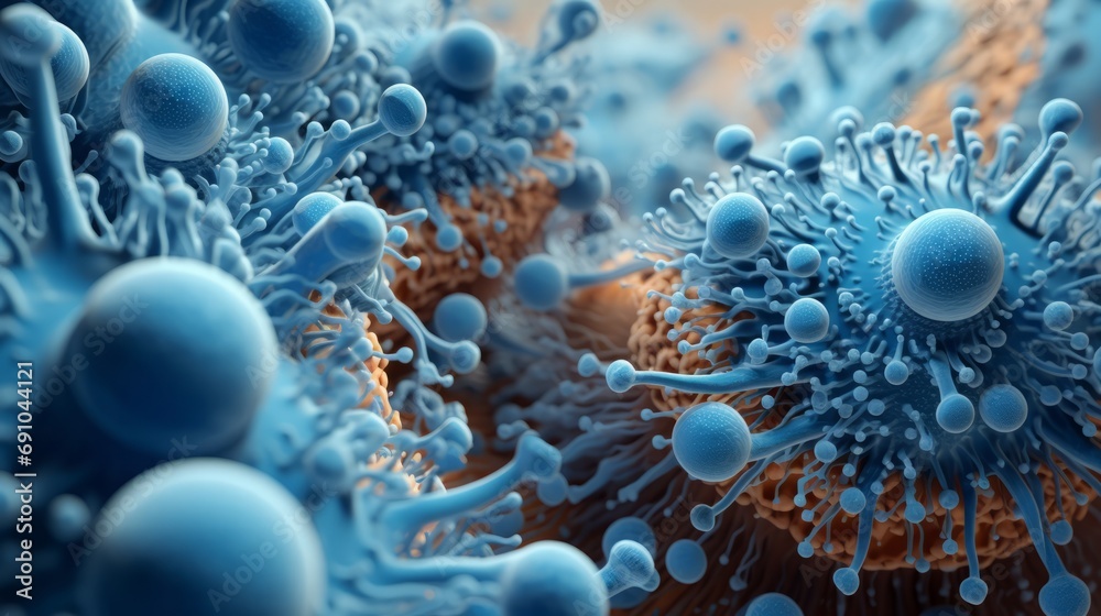 close up of 3d microscopic blue bacteria, 16:9 - obrazy, fototapety, plakaty 