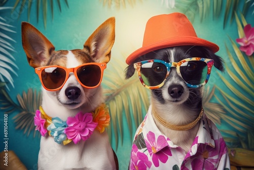 Funny dogs in sunglasses and bright clothes on a tropical background. Kidkore style photo