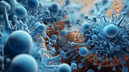close up of 3d microscopic blue bacteria, 16:9 photo