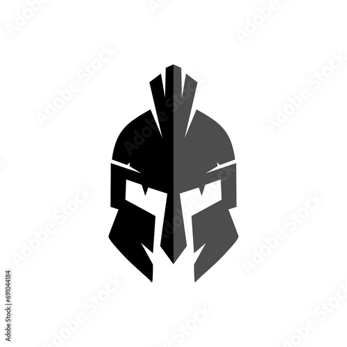Spartan warrior helmet logo. Spartan helmet logo, Spartan shield and helmet vector illustration, Spartan Greek gladiator armor flat vector icon.