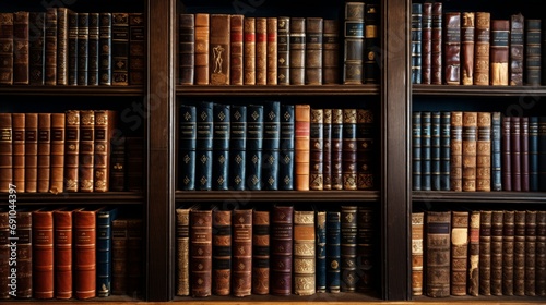 an image of a classic, leather-bound book collection on a library shelf