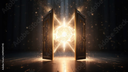 An open door with a golden light that looks like gold dust, gray background, 3d render, unreal engine 5, hyper realistik, 8 k