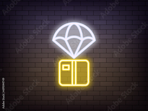 Outline neon flying box, white yellow icon. Glowing neon box with parachute, air delivery parcel, flying package with order. Gaming loot box, game airdrop prize. Donation, free gift, drop surprise
