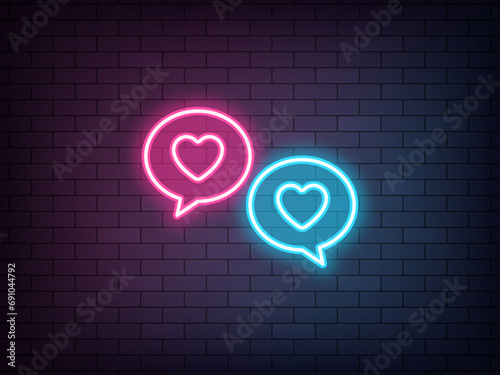 Outline neon love chat, pink blue vector icon. Glowing neon bubble messages with heart, online dating chat. Love communication, romantic talk, dating app. Private date service, love conversation
