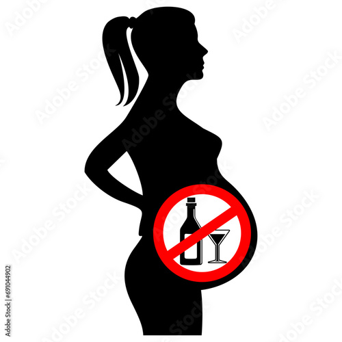 Pregnant woman silhouette and don't drink icon. Birth, health and prohibitions concept. Transparent background editable vector file