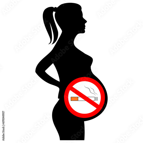 Pregnant woman silhouette and don't smoke icon. Birth, health and prohibitions concept. Transparent background editable vector file