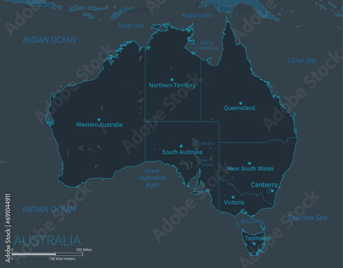 Australia map. High detailed map of Australia with countries, borders, cities, water objects. Vector illustration EPS10