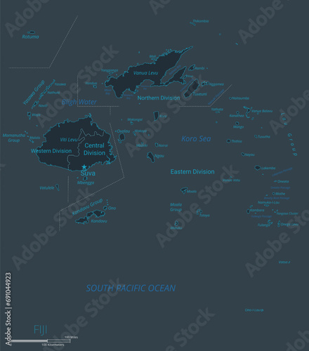 Fiji map. High detailed map of Fiji with countries, borders, cities, water objects. Vector illustration EPS10