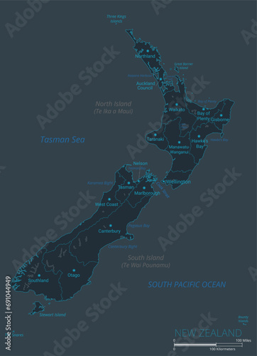 New Zealand map. High detailed map of New Zealand with countries, borders, cities, water objects. Vector illustration EPS10