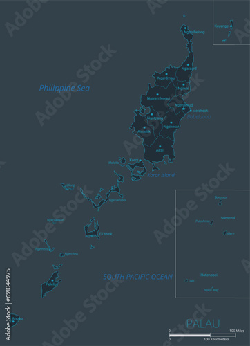 Palau map. High detailed map of Palau with countries, borders, cities, water objects. Vector illustration EPS10