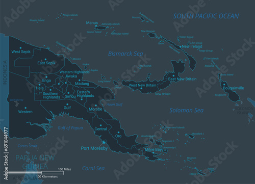 Papua New Guinea map. High detailed map of Papua New Guinea with countries, borders, cities, water objects. Vector illustration EPS10